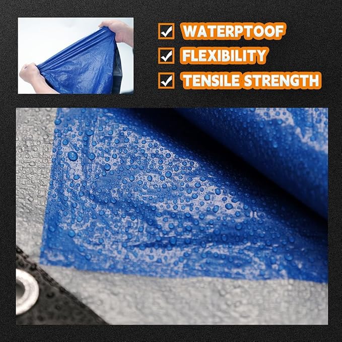 RAINDEWAY Large Tarps Waterproof 30x40 Feet 5.5 Mil Thick, Multipurpose Waterproof Poly Tarp Cover for Emergency Rain Shelter,Silver/Blue Tarp Finished Size