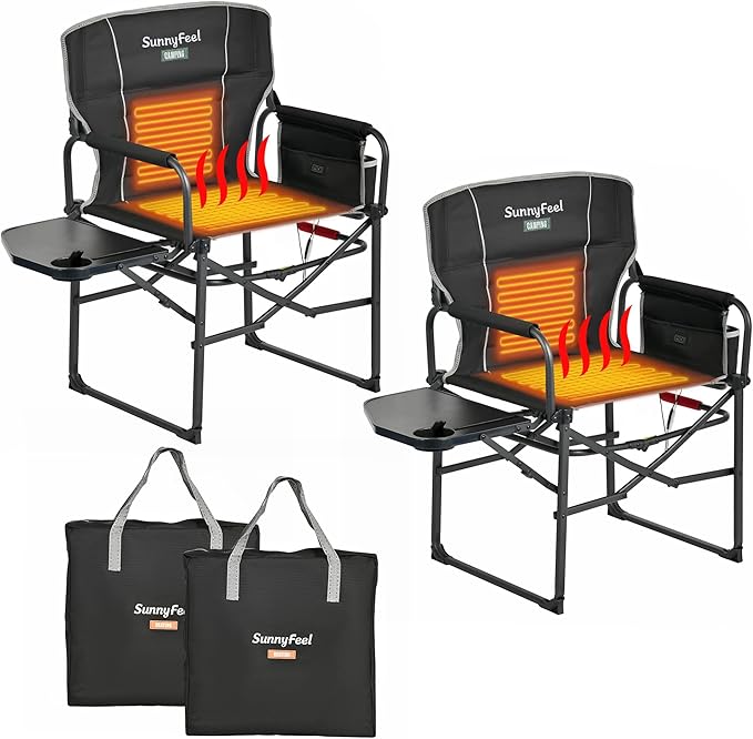 SUNNYFEEL Heated Camping Directors Chair, Heavy Duty,Oversized Outdoor Portable Heating Folding Chair with Side Table, Pocket for Beach, Fishing,Trip,Picnic,Lawn,Concert Foldable Camp Chairs