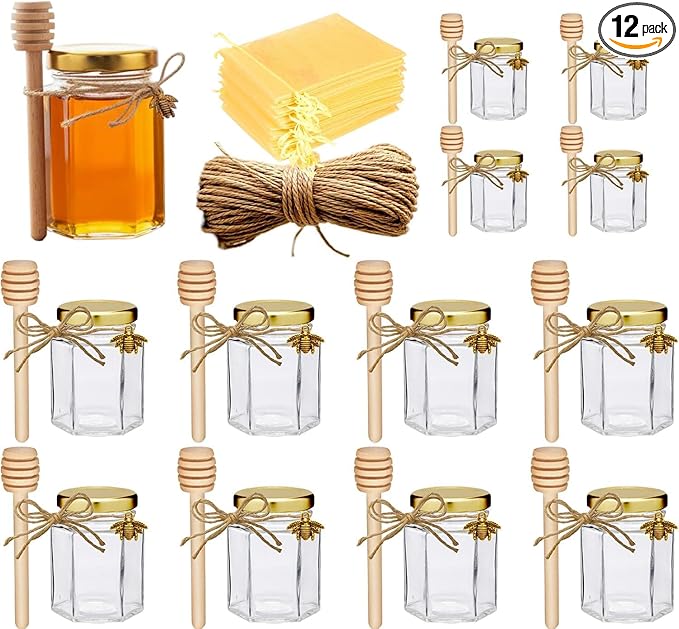 Adabocute Honey Pot, Glass Honey Jars with Wood Dipper, Gold Lid, Bee Charms, Gold Organza Bags, Thank-you Tags, Ideal for Bee Party Favors, 4oz/120ml 12 Pack