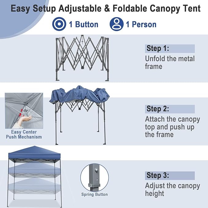 6.6 x 6.6 Ft Pop Up Canopy, 1 Person Instant Setup Canopy Tent with Push Center Lock, 8 Stakes, 4 Ropes & Carrying Bag, Portable Easy Up Gazebo Shelter for Outdoor Camp, Beach, Patio & Party