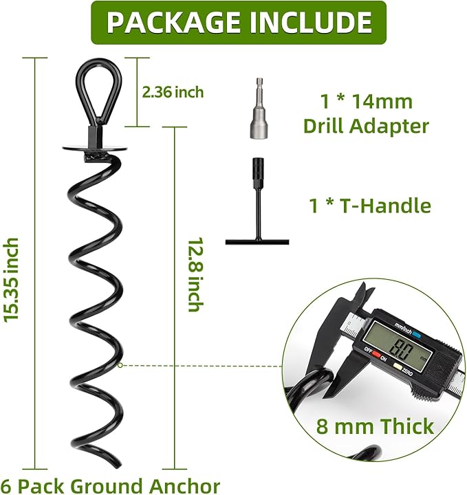 6 PCS 15.3 Inch Ground Anchors Heavy Duty for High Winds Screw in Earth Anchor Swing Set Spiral Auger Stakes Suitable for Tent Trampoline Tree Garden Fence Sheds Swingset, Easy Use with Drill