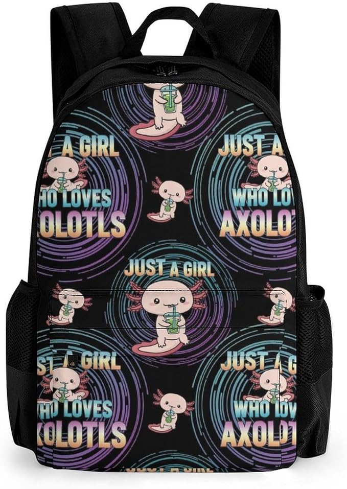 Multipurpose Business Travel Rucksack Cute Animals Pink Axolotls Prints Funny Black College Bookbag with Large Capacity Backpack for College Men Women