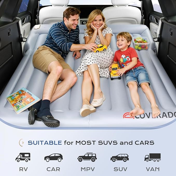 Coverado SUV Air Mattress with Wireless Built-in Pump & Pillows, Durable Thickened 300D Oxford Fabric Car Air Bed for Camping, Quick Easy Set-Up, Universal Air Mattress for SUVs, Minivans