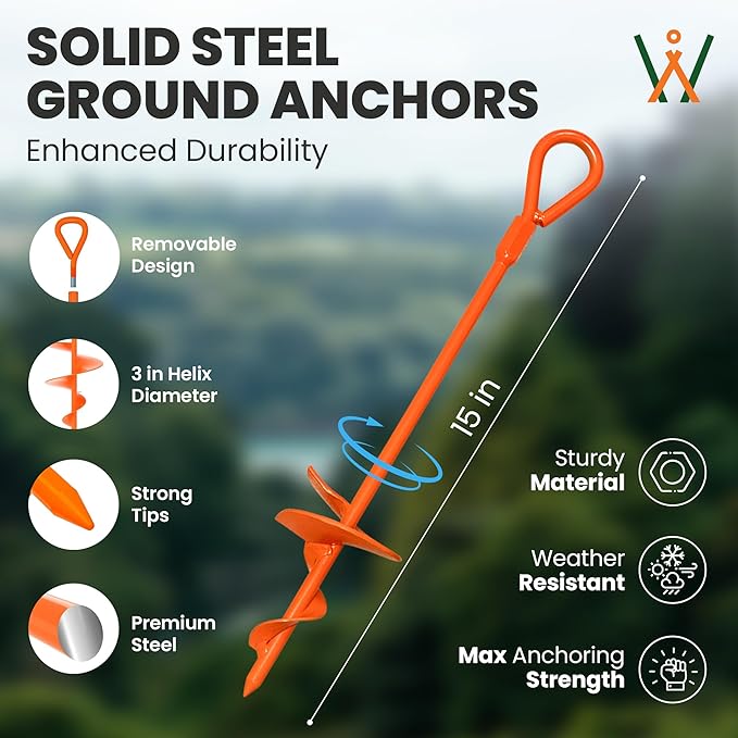 15 inch 4 Pack Ground Anchor Stakes, High Visibility Multi-Purpose Heavy Duty Metal Earth Augers for Tents, Canopies, Trampoline Sheds, Car Ports, Swing Sets, (Orange-4 Pack)