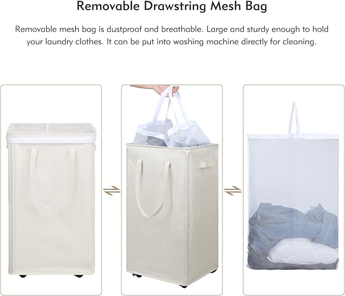 DOKEHOM 90L X-Large Laundry Basket with Removable Wash Bag on Wheels, Collapsible Rolling Laundry Hamper, Foldable Clothes Organizer, Folding Washing Bin (Beige)