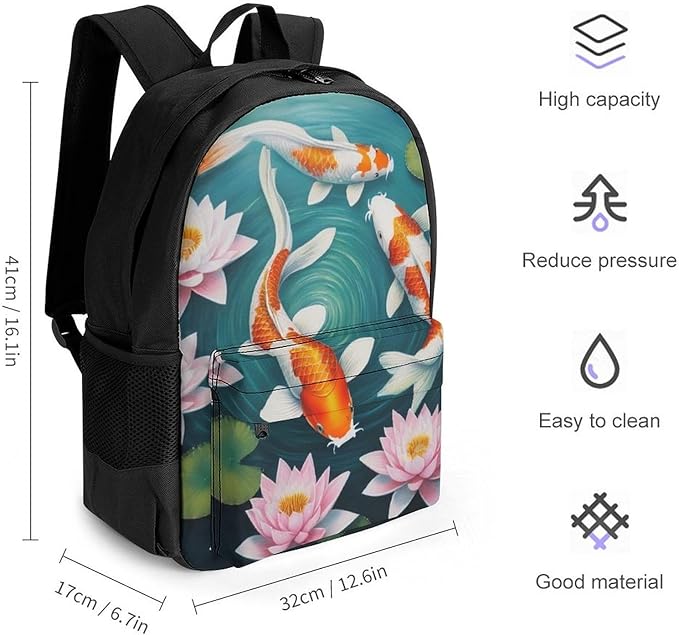 Men Women Lightweight Awesome Japanese Koifish Fish Art Casual Daypack Large Capacity Bookbag With Adjustable Shoulder Straps for Gym Business Bicycle