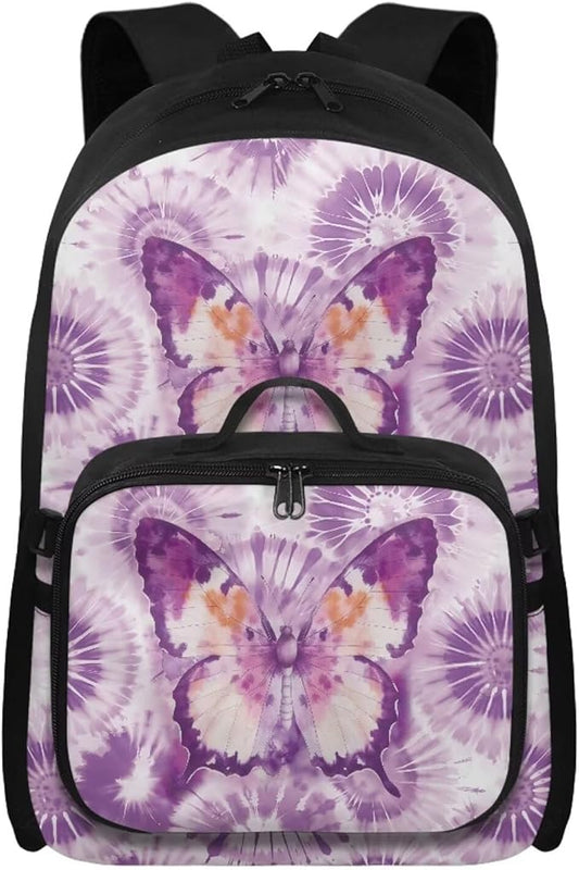 HUGS IDEA Purple Butterfly Backpack for School Girls Bookbag and Lunch Box for Kids 17 Inch Backpack Purse for Elementary Children Lightweight School Bookbag for Students