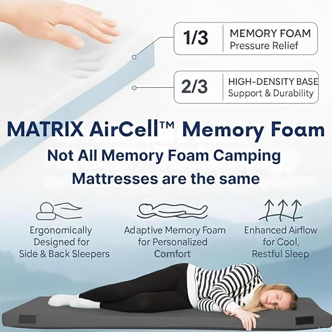 Hazli Matrix AirCell Memory Foam Camping Mattress Pad - CertiPUR-US Roll Up Mattress for Adults - Portable Foam Sleeping Mats for Camping - Camp Cot Sleeping Pad - Floor Sleep Mat Bed Roll for Car RV