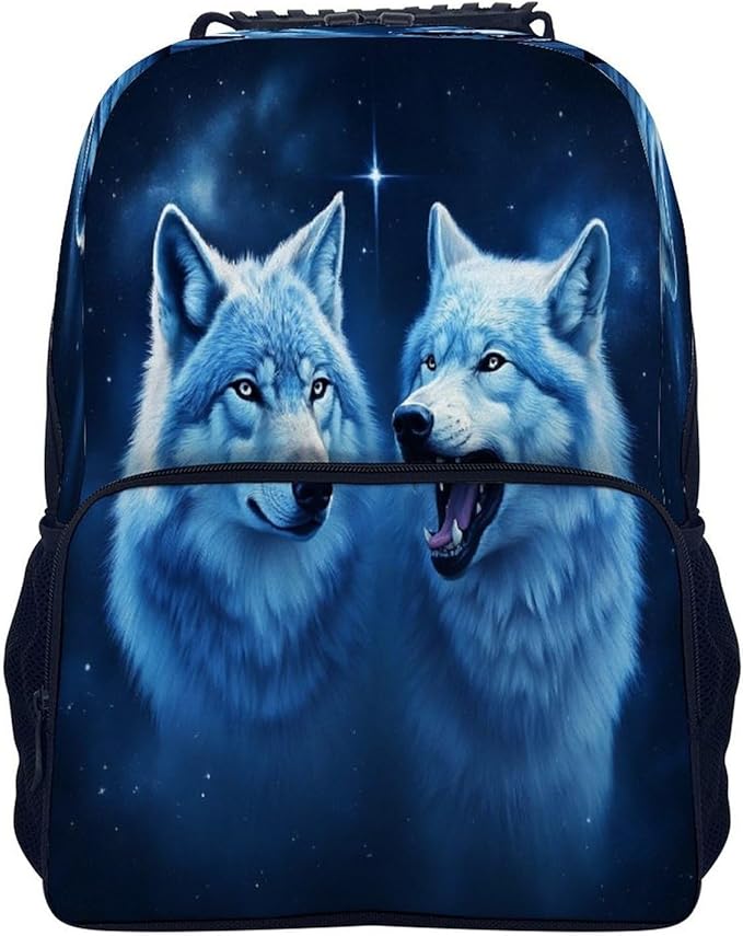 Polyester Daypack Bookbag for Gym Business Bicycle, Large Capacity Multipurpose Anti-Theft Carry On Bag, White Wolves Painting Art Travel Hiking Daypack