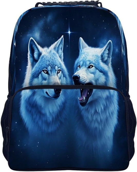 Polyester Daypack Bookbag for Gym Business Bicycle, Large Capacity Multipurpose Anti-Theft Carry On Bag, White Wolves Painting Art Travel Hiking Daypack