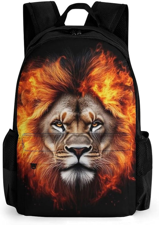 Men Women Polyester Cool Flaming Lion Fire Art Backpack Large Capacity Bookbag With Smooth Zippers for Climbing Picnic Bicycle
