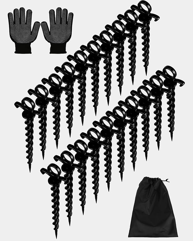 Christmas Inflatables Decoration Ground Stakes, Beach Umbrella Sand Anchor, Heavy Duty Plastic Grounding Screw In Tent Spikes, Outdoor and Yard Camping Canopy Stake Pole, Spiral Peg, 9" 20 pcs
