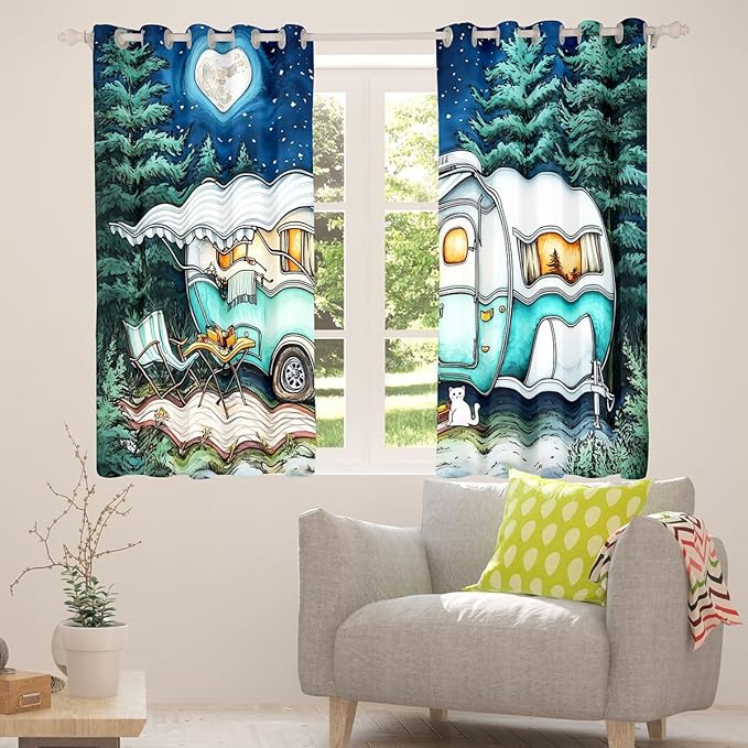 Cartoon Camper Window Drapes,Starry Sky Moonlight Pine Tree Natural Blackout Curtains,RV Trailer Summer Adventure Nursery Bedroom Playroom Decor,Teal 2 Panels,52Wx63L inch