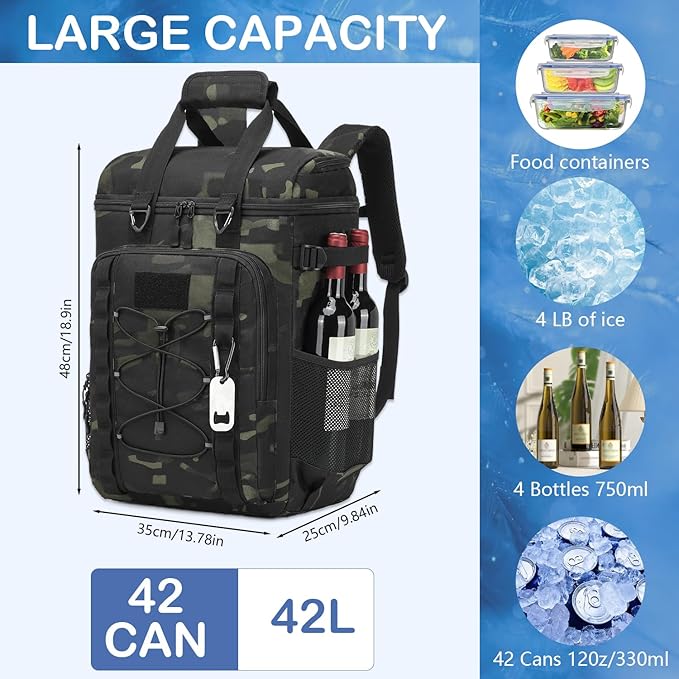 Tactical Cooler Backpack - 42 Cans Backpack Coolers Insulated Leak Proof for Men Adults, Soft Cooler Insulated Backpack for Lunch, Work, Camping, Hiking, Picnic, Beach & Travel