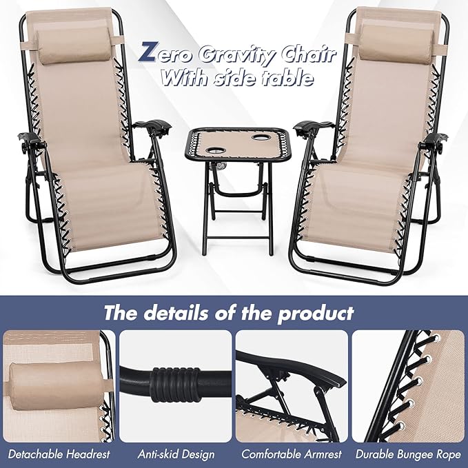S AFSTAR Zero Gravity Chairs Set of 2, 3 PCS Folding Zero Gravity Lawn Chair Set with Side Table Cup Holders & Adjustable Headrest, Reclining Patio Chairs, Zero Gravity Lounger for Patio Poolside