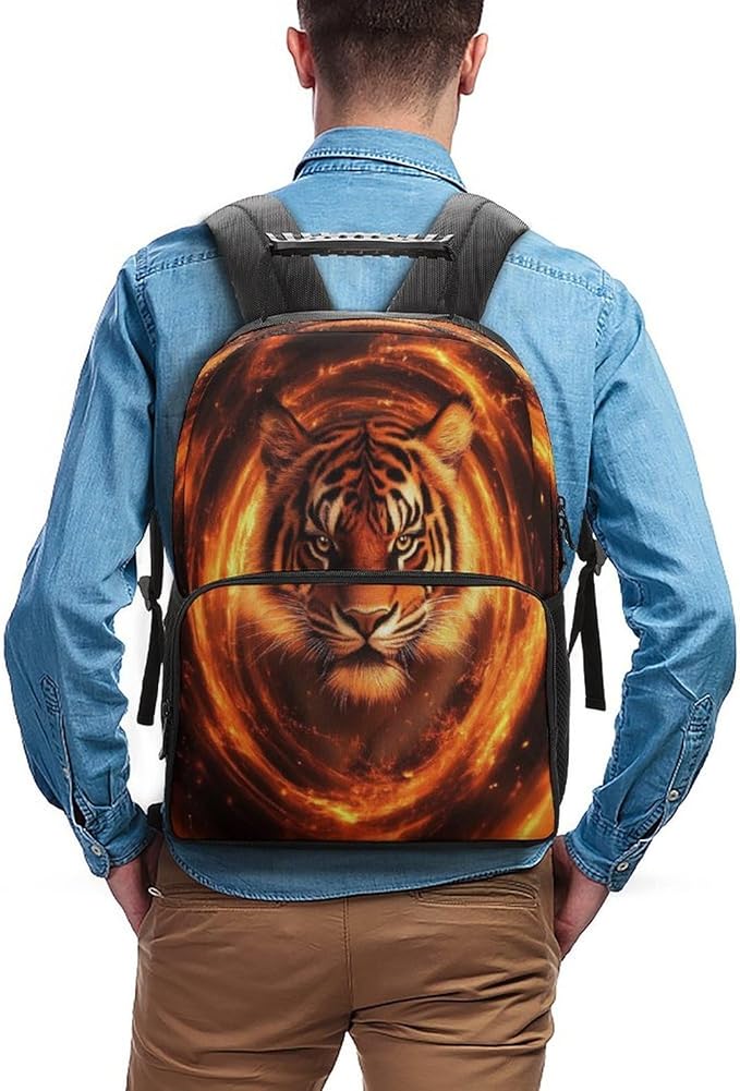 Lightweight Backpack for Gym Travel Bicycle, Big Capacity Multipurpose Anti-Theft Carry On Bag, Wild Angry Animal King Fire Flame Tiger Travel Hiking Bag Day Pack