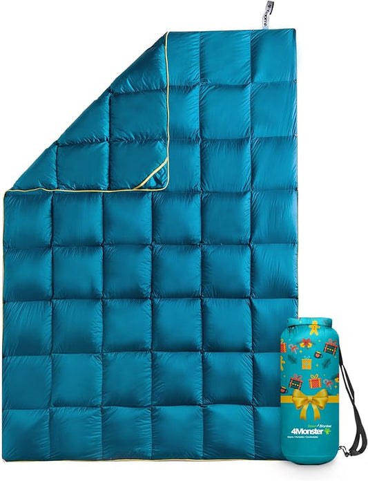 4Monster Down Camping Blanket - Outdoor Travel Quilt Puffy 650 Fill, Packable, Lightweight,Wind & Waterproof | Ideal for Stadium, Backpacking,Picnics, Beach and Hiking