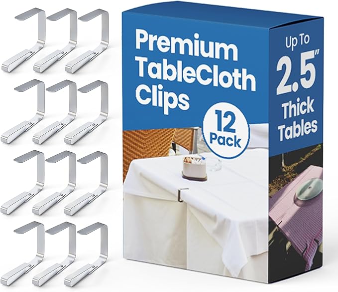 12Pcs Picnic Tablecloth Clips for Outdoor Tables - Stainless Steel Large Table Cloth Clip, Fits for 2.5” Thick Tables, Metal Clamps for Picnic Table Clips, Dining Table Cloth Holder