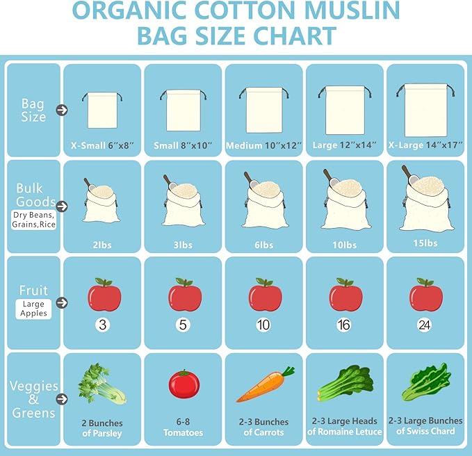 TOPDesign 10-Pack 10” x 12” Reusable Produce Bags, Muslin Bags with Drawstrings for Shopping & Storage, 100% Natural Cotton Bags, Washable, Biodegradable, Food Safe