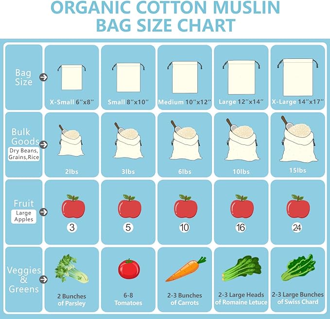 TOPDesign 6-Pack 14” x 17” Reusable Produce Bags, Muslin Bags with Drawstrings for Shopping & Storage, 100% Natural Cotton Bags, Washable, Biodegradable, Food Safe