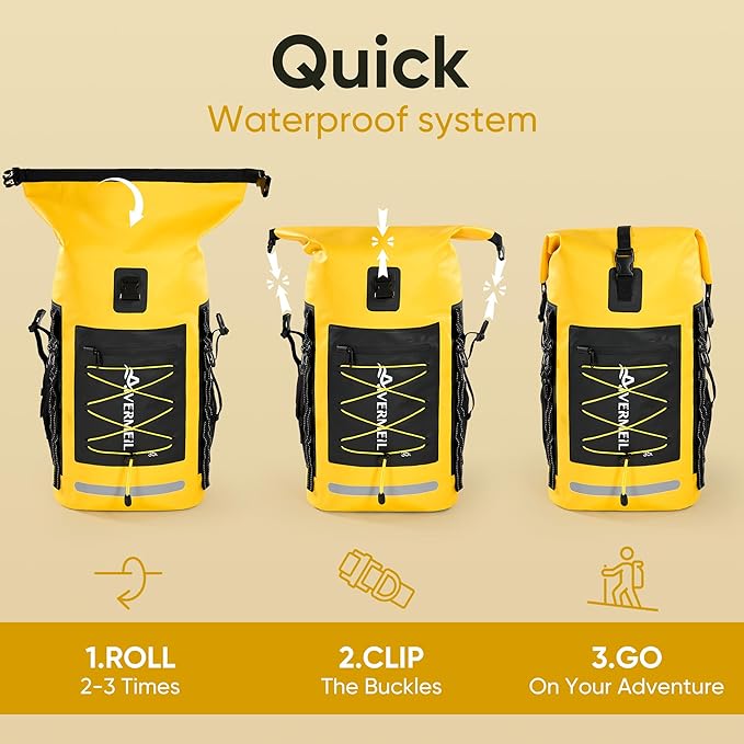 Dry Bag 35L for Men & Women Roll-Top Hiking Backpack with IPX8 Waterproof Phone Case & Detachable Mini Backpack for Kayaking Boating Cushioned Padded Back Yellow