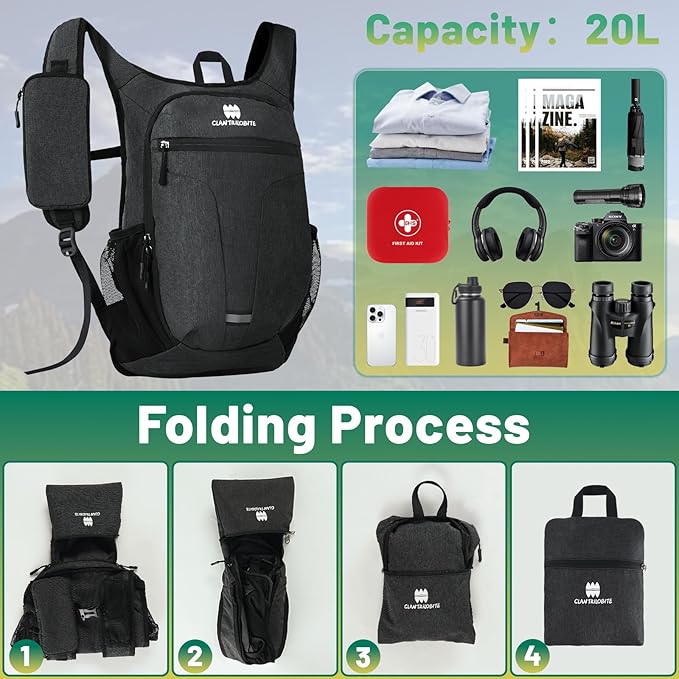 20L Small Hiking Backpack for Women - Lightweight Packable Backpack for Men, Waterproof Foldable Daypack for Travel, Hiking, and Daily Use, Adjustable Chest Strap Multiple Pockets, Black