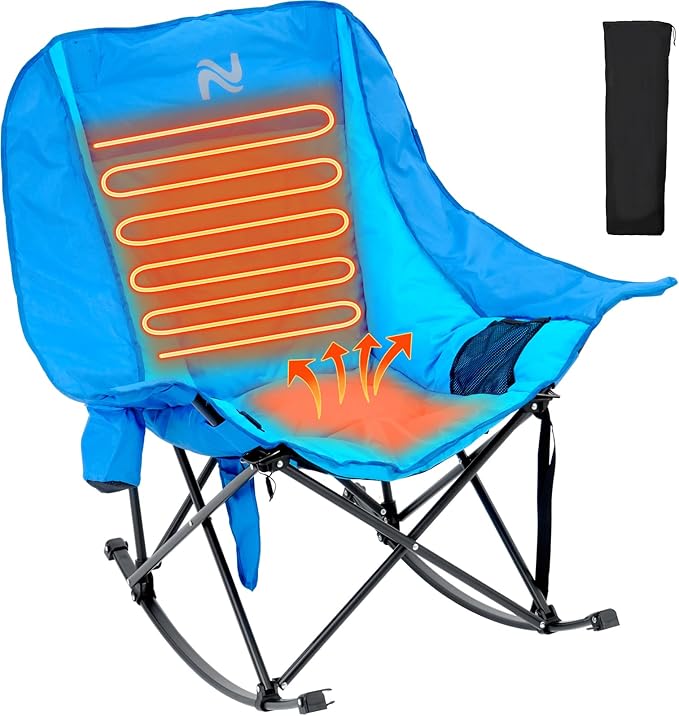Begonia.K Oversized Heated Rocking Camping Chair - 400lbs Capacity Padded Camping Recliner w/ 3 Levels Back Seat Heat - Folding Lawn Chair with Side Pockets for Camp Patio Backyard