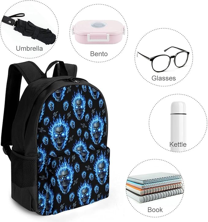 Rucksacks Lightweight Multipurpose Anti-Theft Blue Fire Flame Skull Shoulder Bag Big Capacity Laptop Book Bag Rucksack With Padded Straps