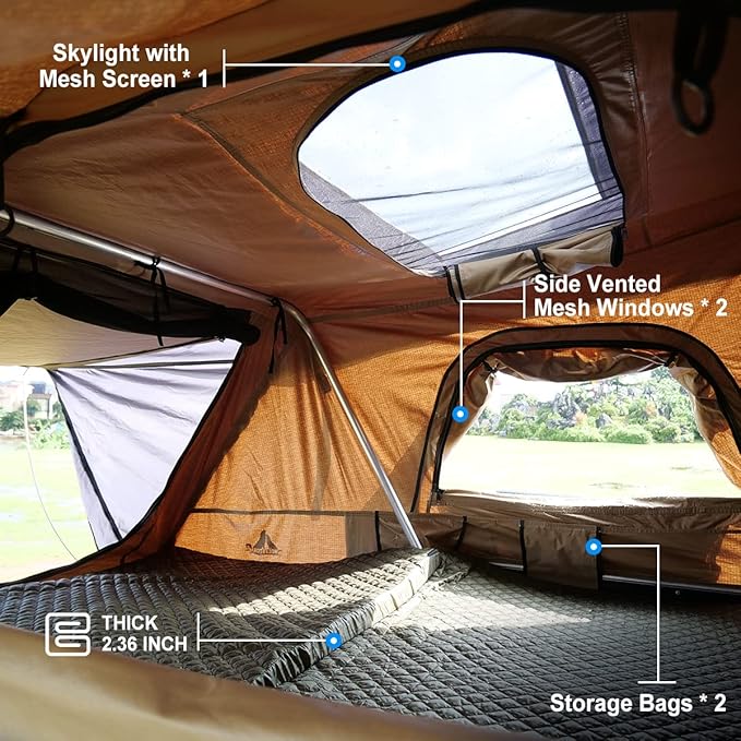 WOLFSTORM Rooftop Tent,Pickup Truck-Tent,Fit for Universal Hard Shell Roof Top,Outdoor Camping Rooftop Waterproof Tent with Ladder and Sunroof Off-Road for 2-3 Adults (Khaki)