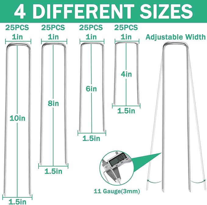 Landscape Staples, 100 Pack 4/6/8/10 Inch 11 Gauge Galvanized Garden Staples, Landscape Stakes for Gardening, Garden Yard Lawn Ground Stakes for Securing Weed Barrier Fabric, Irrigation Tubing, Fence
