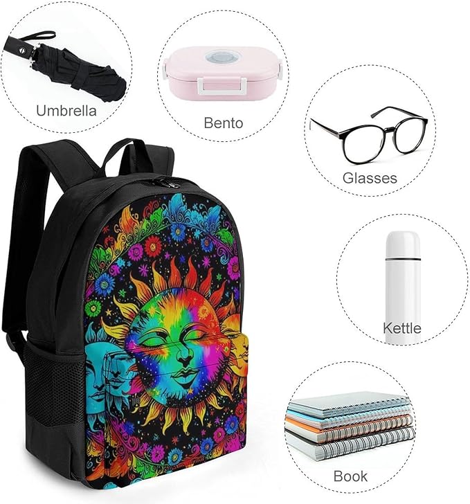 Supdreamc Shoulder Book Bags Polyester Multipurpose Anti-Theft Mandala Triple Sun Hippie Trippy Psychedelic Boho Art Carry On Bag Large Capacity Travel Hiking Camping Rucksack