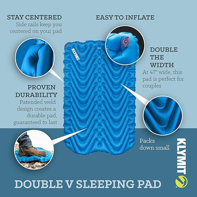Klymit Insulated Double V Sleeping Pad and Static V Sheet Camping Pad Cover for Couples, 74x47x3 Inches