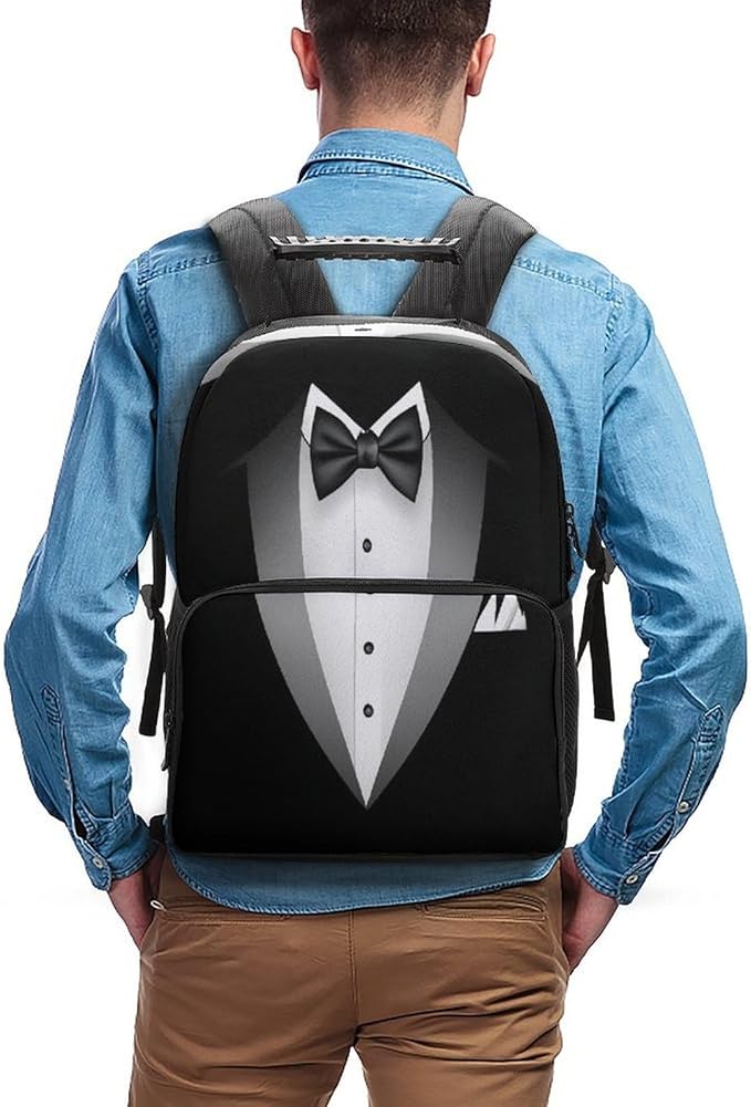Men Women Polyester Black Tuxedo Casual Daypack Large Capacity Carry On Bag With Adjustable Shoulder Straps for Camping Work Running