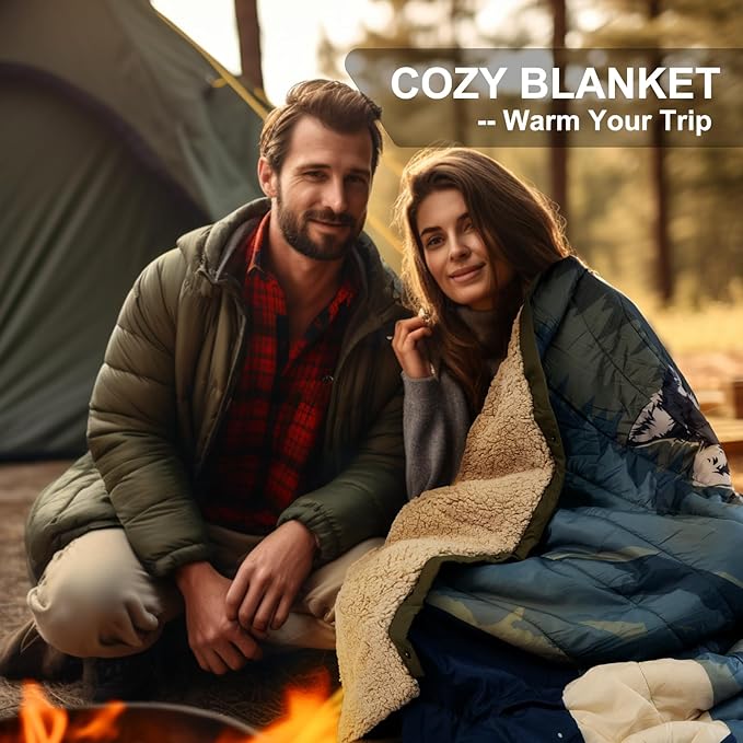 Outdoor Camping Blanket with Sherpa Lining, Extra Warm Thick Camp Blankets and Puffy Ultralight Soft Poncho DWR Camping Quilt for Cold Weather, Adventure, Sleeping, Backpacking 78"x 56"