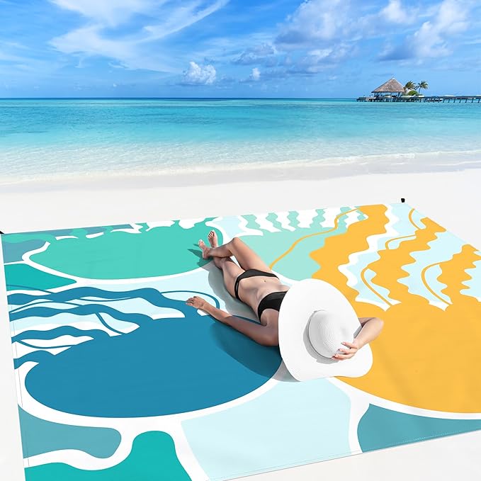 Beach Blanket Waterproof Sandproof Oversized, 110''×118'' Extra Large Beach Mat Sand Free, Lightweight Compact Foldable Picnic Blanket w/ 4 Stakes & Pockets for Camping, Travel, Beach Accessories