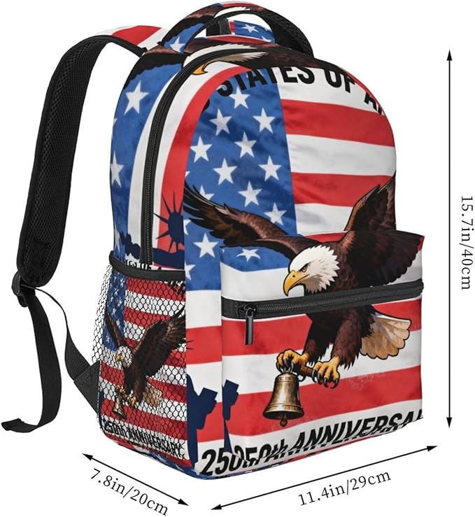 Men Women Lightweight 250 Years American 250th Anniversary USA Flag Art Casual Daypack Large Capacity Bookbag With Adjustable Shoulder Straps for Gym Business Bicycle