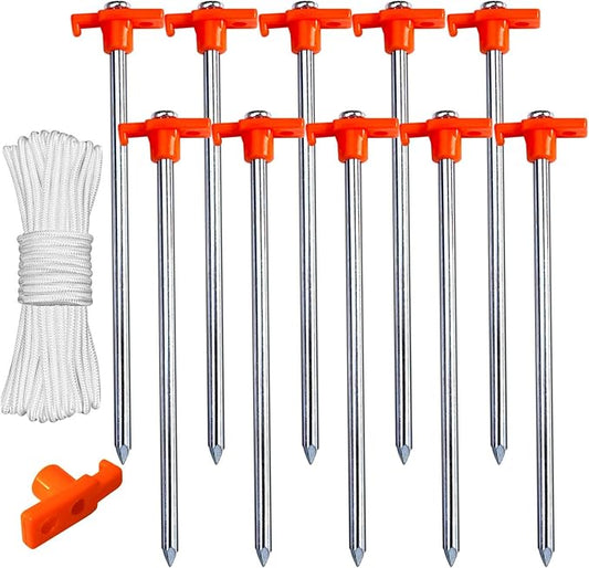 ABCCANOPY 15 Inch Tent Stakes 10 Pcs Non-Rust Metal Ground Anchors, Heavy Duty Spikes with 4 Ropes for Outdoor Camping, Orange