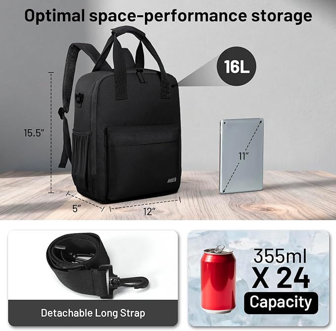 MIER Backpack Cooler 24 Cans Insulated Double Deck Soft Coolers Bag Lightweight Lunch Back Pack Women Men for Beach Travel Work Fishing, Black