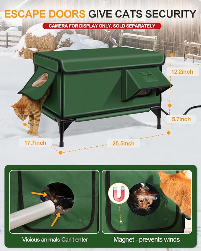 Outdoor Heated Cat House in Winter,Extremely Insulated & Weatherproof,Elevated Feral Cat Shelter with Waterproof Eaves & Escape Door for Outside Stray Barn Cat (Army Green,M)