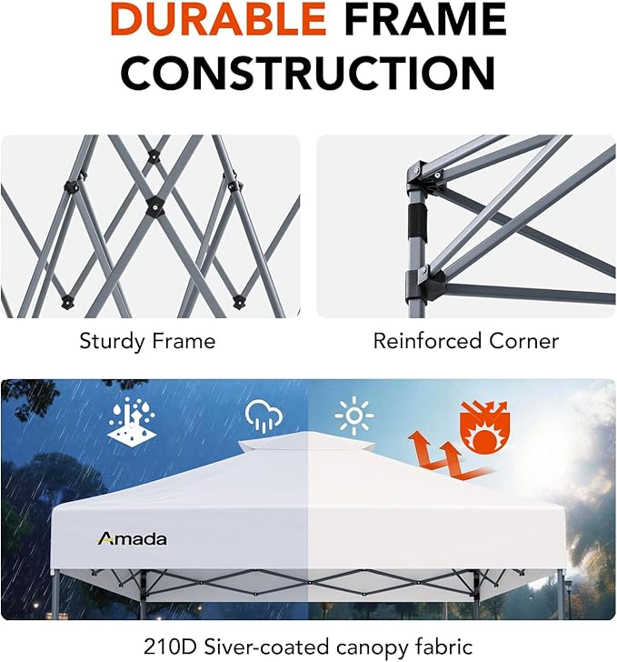 Amada 12x12 Pop Up Canopy - Center Lock One Push Instant Setup Gazebo Outdoor Canopy Beach Tent with STO-N-Go Bag 8 Stakes & 4 Sand Bags, 3-Height Adjustable Shade Shelter (12x12ft, White)
