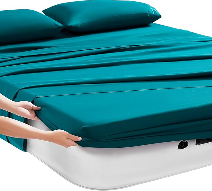 Camping Sheets King Size - Outdoor Air Mattress Sheet Set – Built-in Corner Straps for Air Mattress & Camping Use – Designed for Inflatable Beds & Tailgate Sleepovers, Teal
