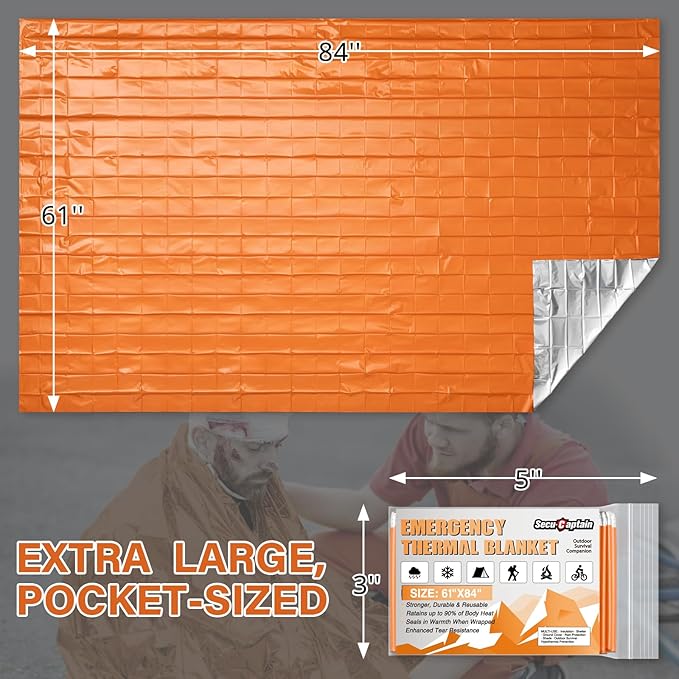 SecuCaptain Survival Emergency Thermal Blankets: Thicken 28um Space Mylar Blanket Kit for Outdoor Cold Winter Camping, Hiking, Car Bug Out Bag, or First Aid - Orange 4 Pack