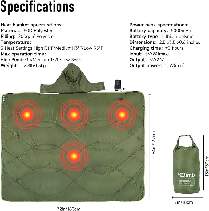 iClimb Heated Camping Blanket with Hood and Battery Pack (Green)