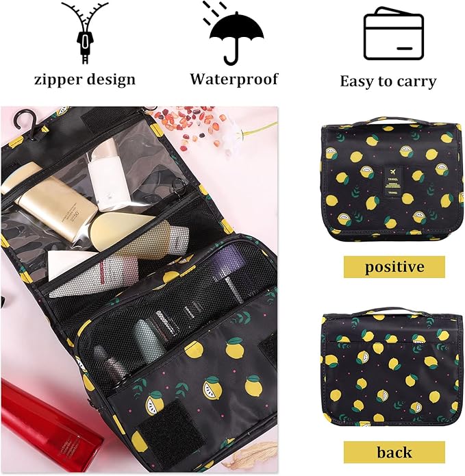 Pengxiaomei Toiletry Bag for Women, Waterproof Hanging Cosmetic Bag Portable Travel Makeup Pouch Multifunction Handle Bathroom Bag for Mothers Day Gifts (Black Lemon)