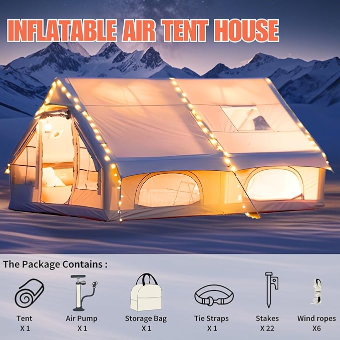 Inflatable Tent, Outdoor Easy Setup Inflatable Tents for Camping, Portable Blow Up Tent with Stove Jack, Cotton Canvas Material for Glamping, for 4 Season, 4/6/8/10 Person Use