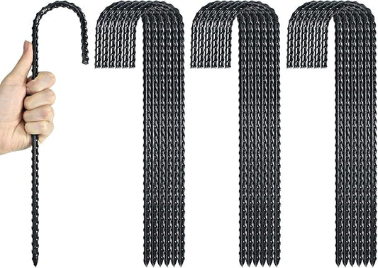 12 Inch Rebar Stakes Heavy Duty J Hook, Coated Steel Ground Stakes Tent Stakes Ground Anchors for Chain Link Fence Stakes and Trampoline Stakes (24)