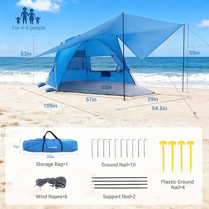 Elegear CumbreX™ Beach Tent with 360° Removable Canopy, 4-6 Person Pop Up Sun Shade Shelter, UPF 50+ Automated Installation Double Silver Coating Portable Lightweight Beach Cabana for Beach/Outdoor