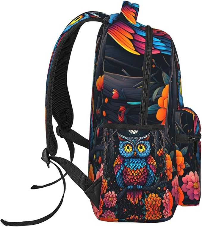 Polyester Daypack for Camping Travel Walking Cycling, Big Capacity Anti-Theft Multipurpose Bookbag, Trippy Owl Red Floral Moon Art Camping Outdoor Backpack