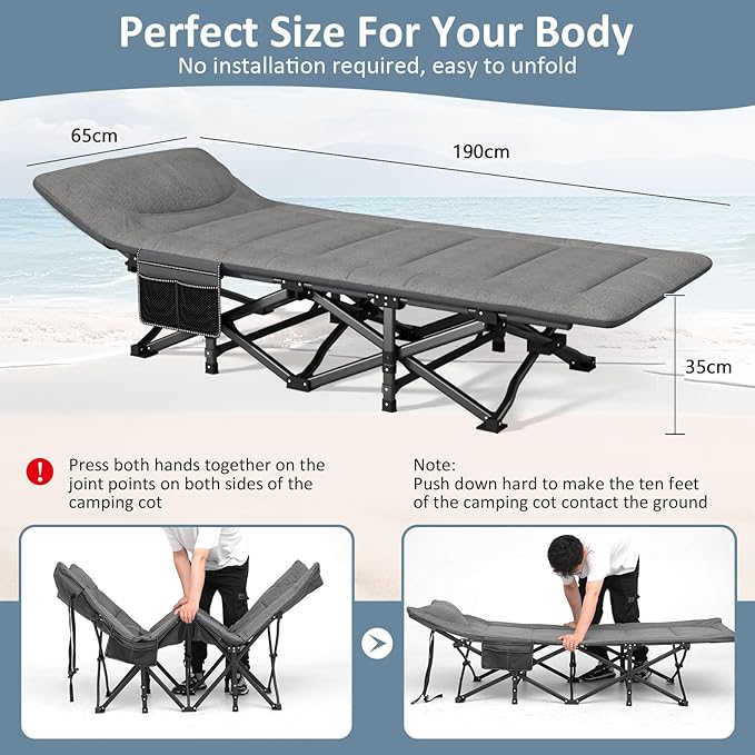 Mopaicot Camping Cot, Folding Cot Bed for Adults with Built-in Mattress and Pillow, Portable Outdoor Sleeping Cot for Camping and Travel, with Carry Bag, Grey, Max Load 450 LBS