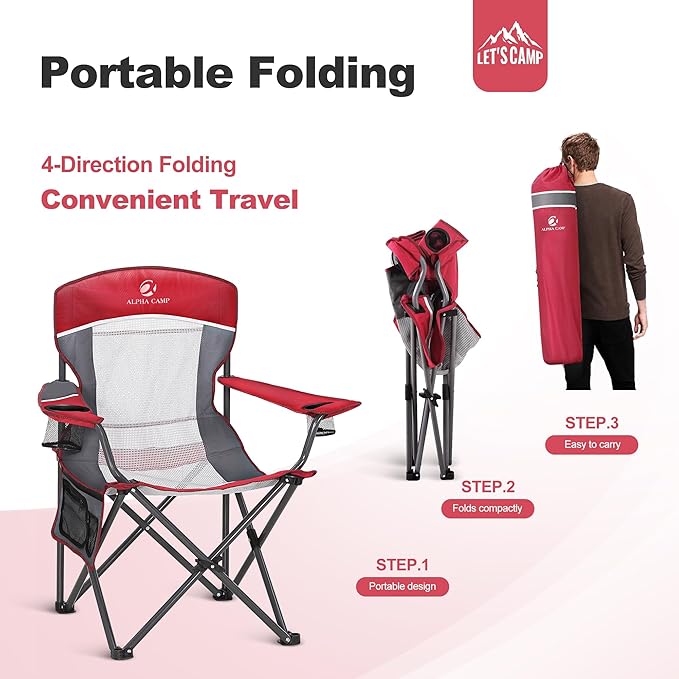 LET'S CAMP Mesh Back Camping Chair Portable Folding Heavy Duty Outdoor Chair Support 330 LBS Durable Large Arm Chair with Cup Holder and Carry Bag for Camp, Fishing, Hiking, Red